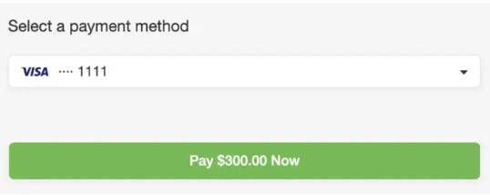 Booking page with saved payment method displayed.